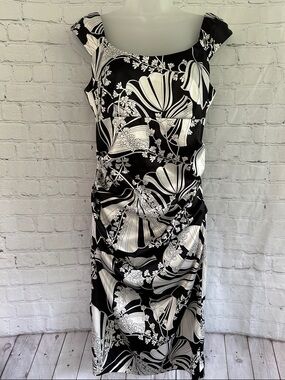 London Times Ruched Black & White Floral Satin Sheath Dress size 8 P